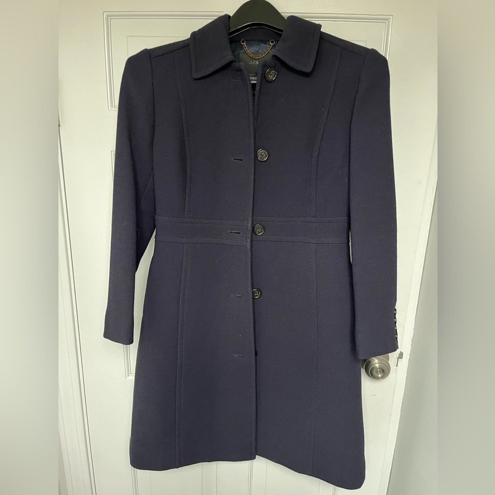 JCrew women’s Lady Day topcoat in Italian double-cloth wool blend. Navy, 2P.